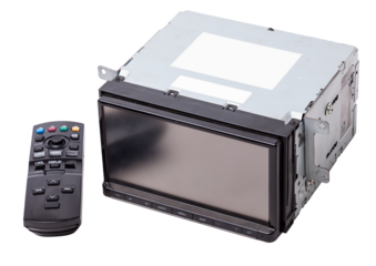 an media audio system and a radio in gray and black plastic of car with cd and mp3 music on white isolated background