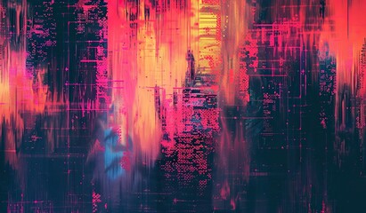 Abstract digital cityscape with colorful glitch effects