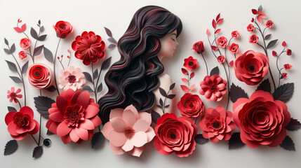A woman with long black hair is surrounded by a variety of red flowers
