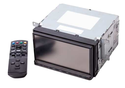 an media audio system and a radio in gray and black plastic of car with cd and mp3 music on white isolated background