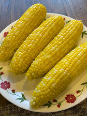Four ears of yellow and white bicolor steamed ears of corn on a plate