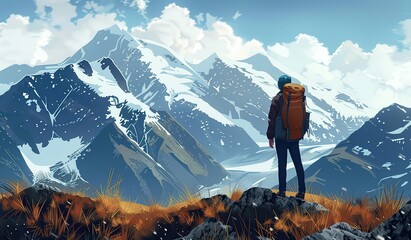Hiker standing before snowy mountain peaks in a serene landscape