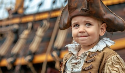 Playful toddler in pirate costume with toy ship backdrop