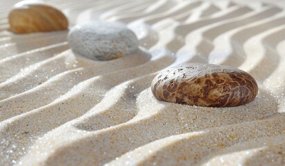 Serene beach stones on rippled sand texture