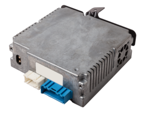 Plastic car engine control unit with metal elements on a white isolated background is the connecting center of various subsystems, units and assemblies. Monitoring the state of the moment. Spare part