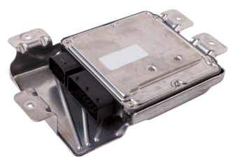 Plastic car engine control unit with metal elements on a white isolated background is the connecting center of various subsystems, units and assemblies. Monitoring the state of the moment. Spare part