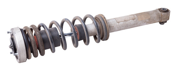 Shock absorber struts with black springs after being used on a car during replacement and repair on a white isolated background. Used spare parts. Auto parts catalog.