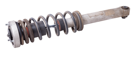 Shock absorber struts with black springs after being used on a car during replacement and repair on a white isolated background. Used spare parts. Auto parts catalog.