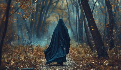 Mysterious figure shrouded in cloak wandering through autumn forest - obrazy, fototapety, plakaty