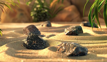 Tranquil Zen garden with patterned sand and stones at sunrise