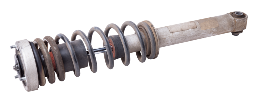 Shock absorber struts with black springs after being used on a car during replacement and repair on a white isolated background. Used spare parts. Auto parts catalog.