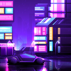 Side view of a modern car driving through a night cyberpunk city on neon signs street background.