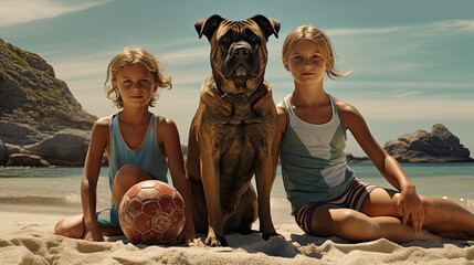 Children play with a dog and a ball on the sandy beach. Family vacation with a pet on the ocean.