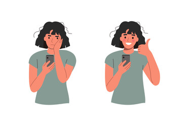 Young  woman  looking in the smartphone and experiences fear, fright, stress.  Girl shows a positive gesture. Flat style cartoon vector illustration.