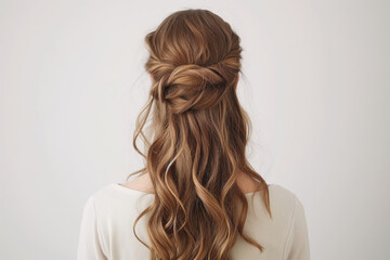 Stunningly elegant half-up. Half-down hairstyle for women with textured. Wavy brunette hair. Featuring a chic braided twist and modern styling. Perfect for a casual yet sophisticated look