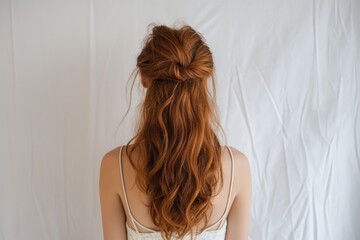 Woman's half-up, half-down hairstyle with a twisted knot, presented against a soft fabric background. Back view.