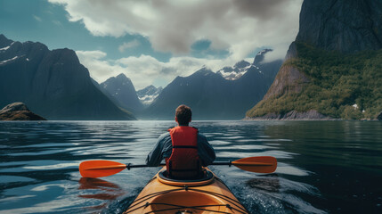 A tourist on a yellow kayak floats along a sea bay or lake with snowy fjords in the background. - obrazy, fototapety, plakaty