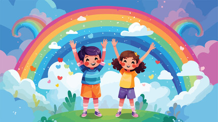 Illustration of kids on rainbow background 2d flat