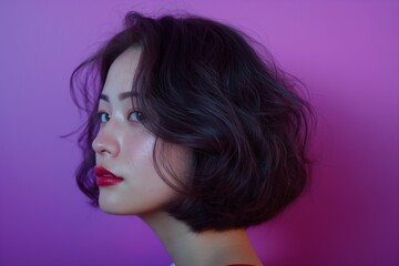 Side profile of a woman with a trendy layered bob haircut against a vibrant purple background