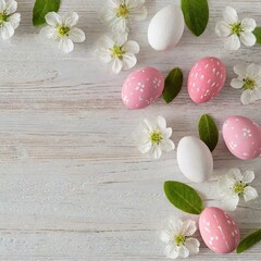 Colored Easter eggs with white flowers decoration on a light wooden background