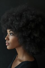 Elegant voluminous afro curls hairstyle showcasing beauty and empowerment in black women's natural. Textured hair. Captured in a side profile view