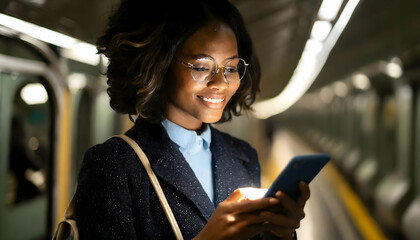 Young woman using a smartphone in the subway, high quality photography on digital art concept, Generative AI. - 781444039