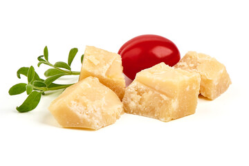 Parmesan cheese chunks, hard cheese, isolated on white background