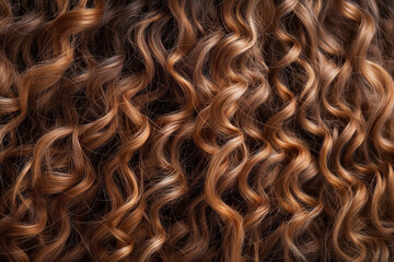 Stunning detailed close-up of luxurious brunette curly hair with voluminous waves and rich brown color. Showcasing the elegant and natural texture. Perfect for showcasing a hairstyle. Haircare. Beauty