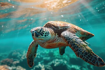 low angle view, endangered Hawaiian green sea turtle swimming, warm Pacific Ocean waters, Hawaii, summer, soft natural lighting, golden hour, tranquil climate, serene mood