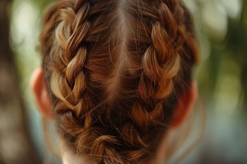 Detailed view of a woman's meticulously braided hair, showcasing the classic french braid technique