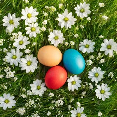 Fototapeta na wymiar 3 colored eggs in grass and flower background