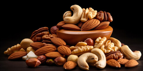 A bunch of different types of nuts in a wooden plate on a black background. Almond, cashew and walnut mix. - Powered by Adobe