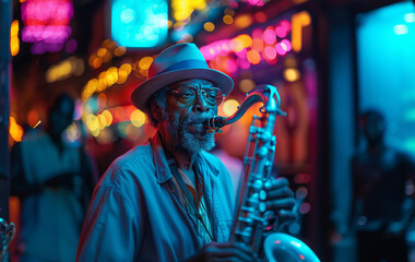 African American street musician plays the saxophone