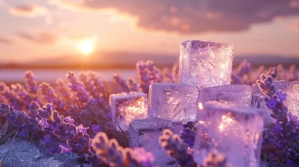 Lavender flowers and ice cubes in a field at sunset