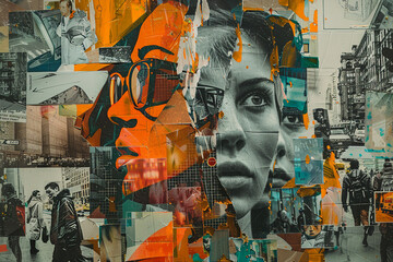Fashionable Generative AI illustration image female facial collage many colorful elements trend...