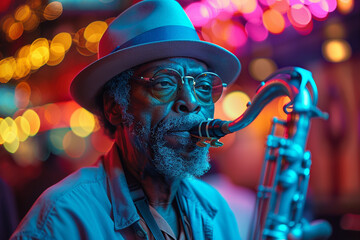 African American street musician plays the saxophone