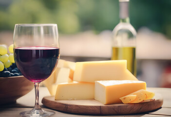 Elegant wine and cheese tasting setup with a glass of red wine, assorted cheeses on a wooden board,...