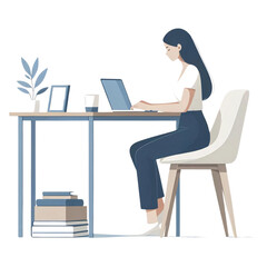A minimalist style illustration featuring a woman working at her desk. She is focused on her laptop, with a couple of books stacked next to it