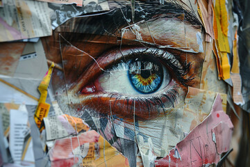 Collage portrait painting facial closeup eye contact print design art poster Generative AI technology