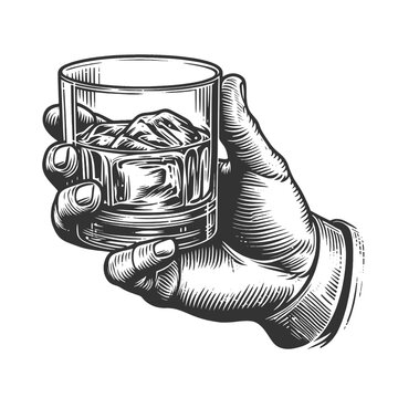 hand and glass filled with whiskey and ice cubes, indicating a moment of relaxation or celebration sketch engraving generative ai vector illustration. Scratch board imitation. Black and white image.