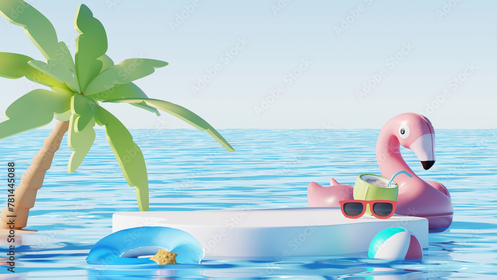 Poster 3d render, minimal summer background with empty podium or pedestal platform for showing product, cos