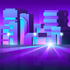 Road to a futuristic night city. Evening cyberpunk street with office buildings neon illustration.