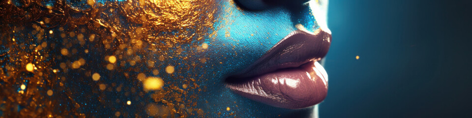Close-up of female lips with fashionable makeup on a dark blue background. Shimmery gold and blue paint on skin with light pink lipstick. - obrazy, fototapety, plakaty