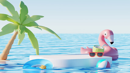 3D render, minimal Summer background with empty podium or pedestal platform for showing product, cosmetic scene for mock up, beach swim elements decoration. - obrazy, fototapety, plakaty