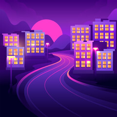 Beautiful illustration with winding road to night town on dark sunset background.