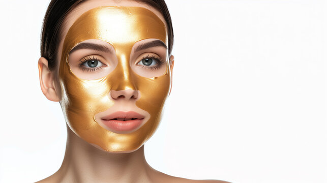Luxury Skincare: Portrait of a Young Woman Wearing Hydrogel Golden Face Mask for Spa Treatment. Wellness Facial Relexation. Copy Space.
