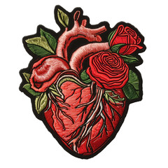 Embroidered anatomical human heart with roses patch isolated on transparent background. Blend of romance and science concept for textile and fashion design