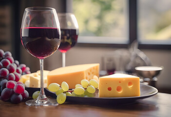 Elegant still life of a wine and cheese tasting setup with two glasses of red wine, various cheeses, and grapes on a wooden table with soft natural light from a window. National cheese and wine day.