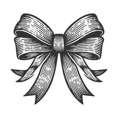Christmas birthday bow gift box present sketch engraving generative ai fictional character vector illustration. Scratch board imitation. Black and white image.