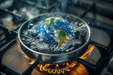 Earth globe of the planet boiling in hot water of a pan on the fire of a gas stove, conceptual illustration of global warming, temperature increase, over heating of the world in climate change - 781445873